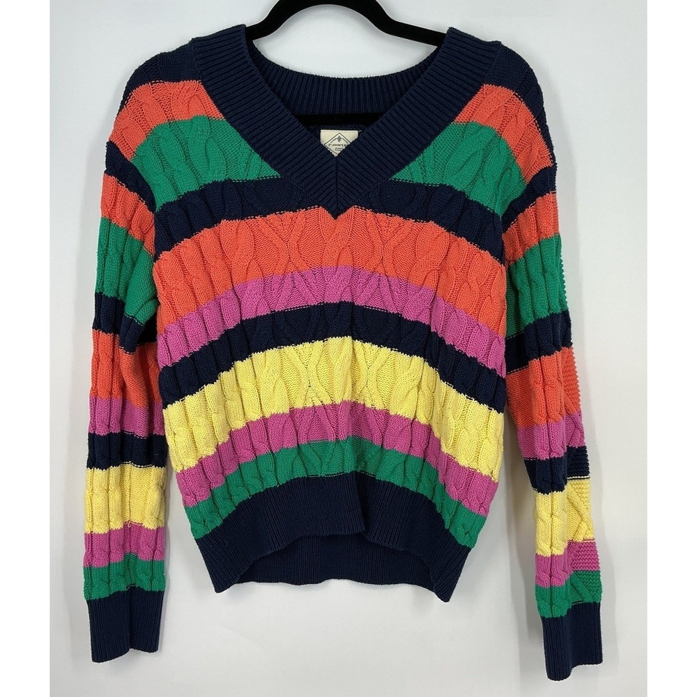 St Johns Bay XL Rainbow Stripe Cable Knit V-Neck Sweater Dopamine Kidcore Preppy